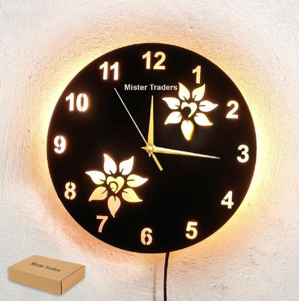 Floral Wooden Wall Clock with Premium Light