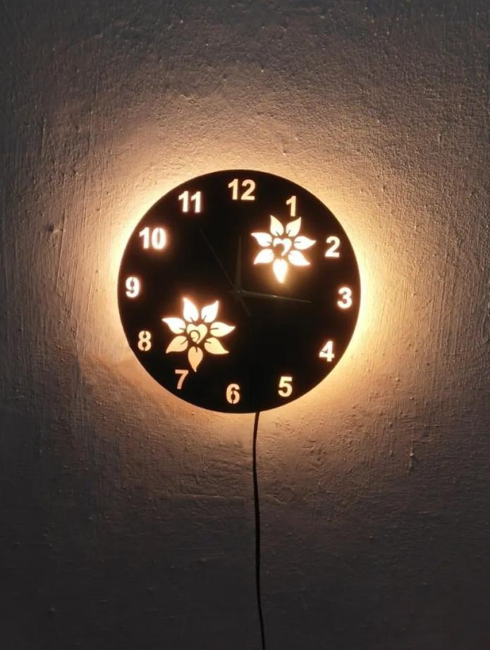 Floral Wooden Wall Clock with Premium Light