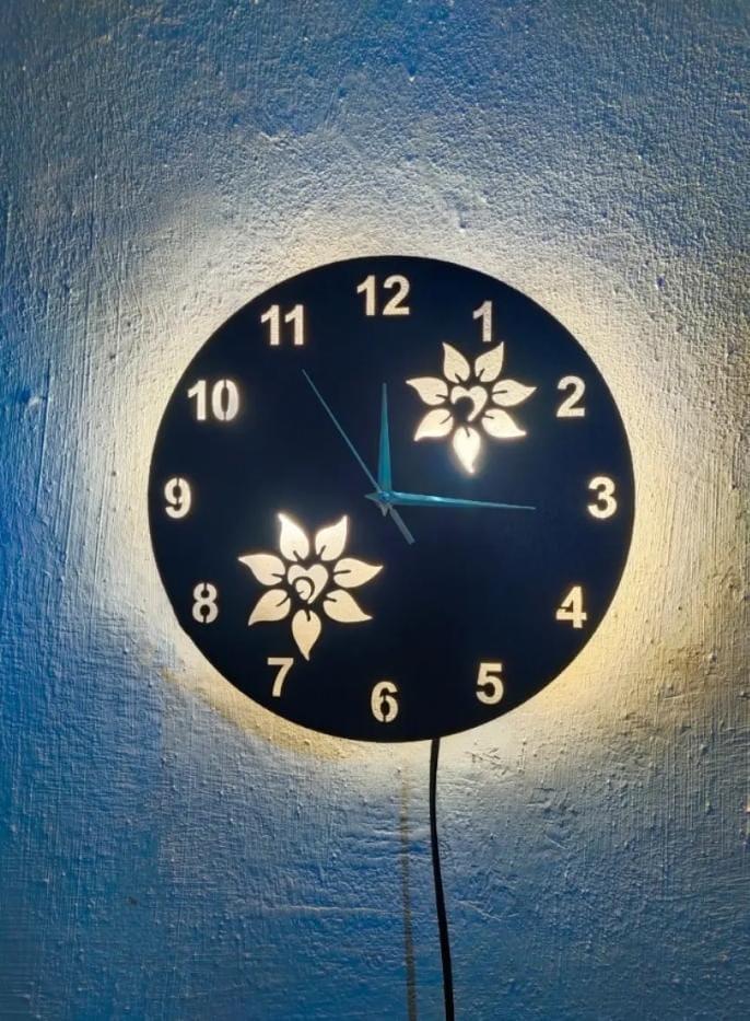 Floral Wooden Wall Clock with Premium Light