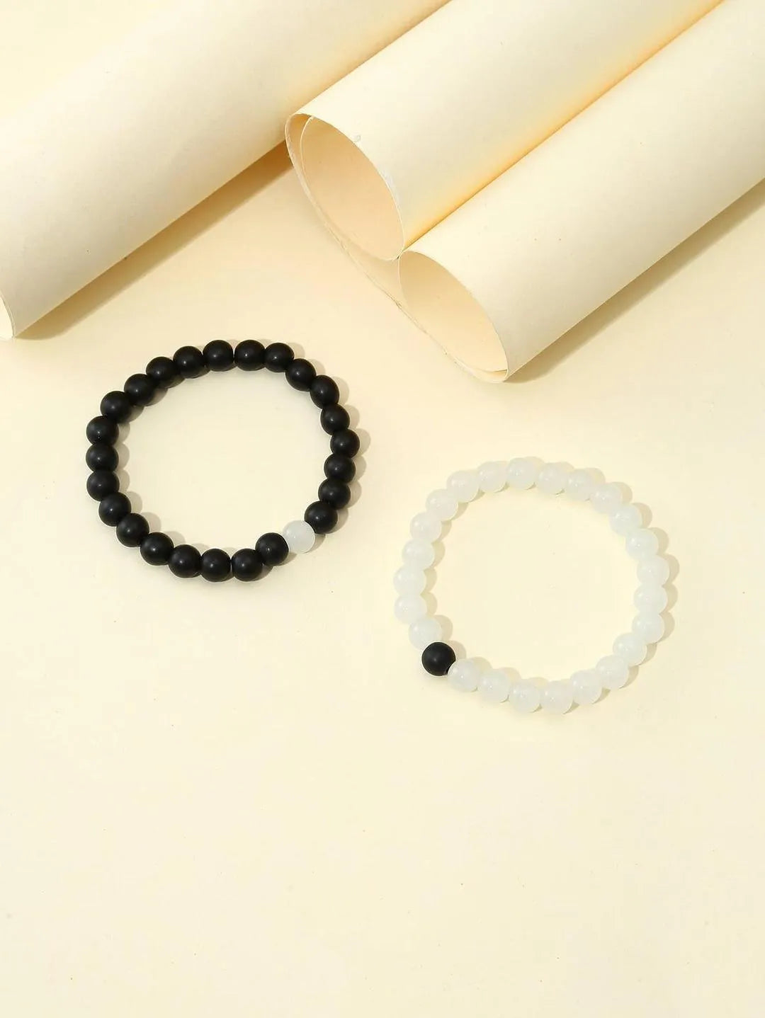 His & Hers Black & White Beaded Couple Bracelets (Pair of 2)