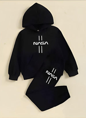 Boys' Black Printed Fleece Tracksuit Set